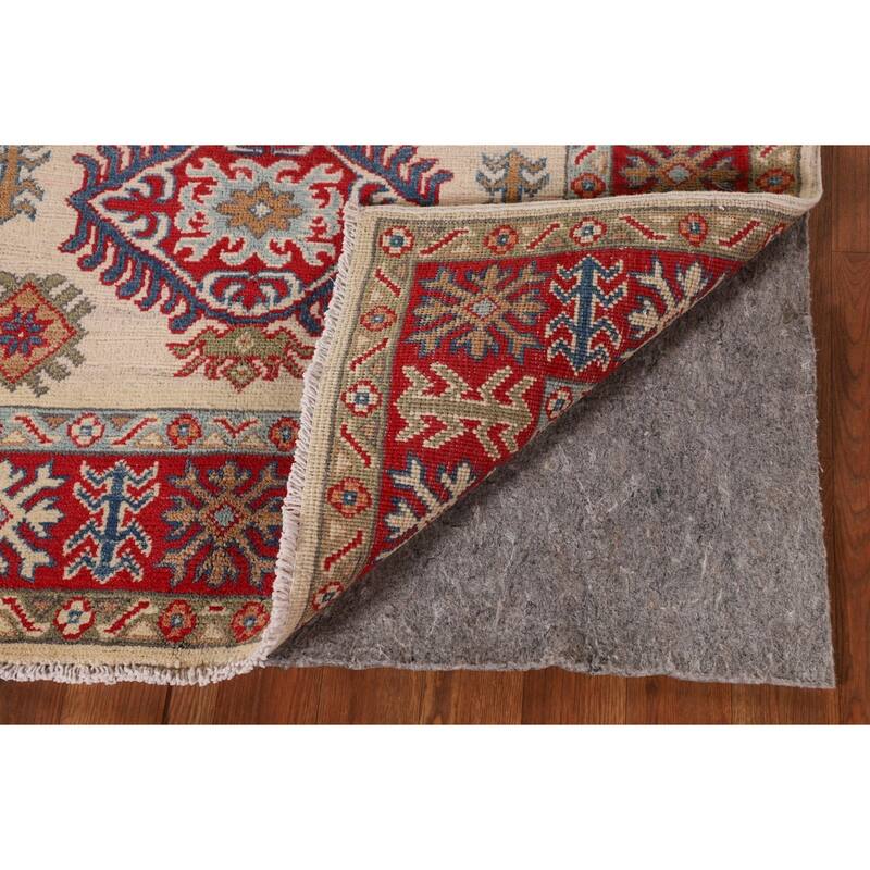 Geometric Ivory Kazak Oriental Accent Rug Hand-Knotted Wool Carpet - 3'5"x 4'11"