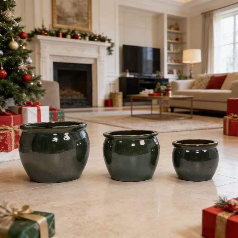 Handmade Glazed Ceramic Planter Set of 3, 15/12/9 Inch Diameter, Solid Glossy Finish