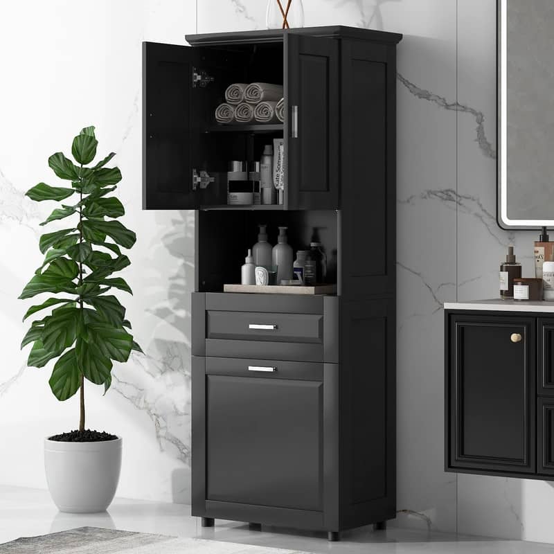 Tall Bathroom Cabinet with Tilt-Out Laundry Basket and Upper Storage Cabinet