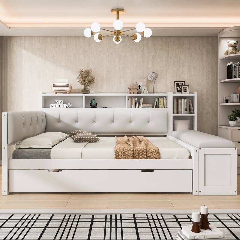 GDFStudio - Modern Wooden Full Size Daybed with Trundle, Bench Storage and Charging Station