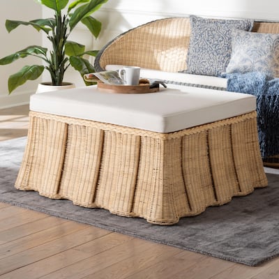 Rotem Natural Rattan Ottoman with Cushion - Handwoven Wicker Pleated Skirt Accent Coffee Table or Extra Seating for Living Room