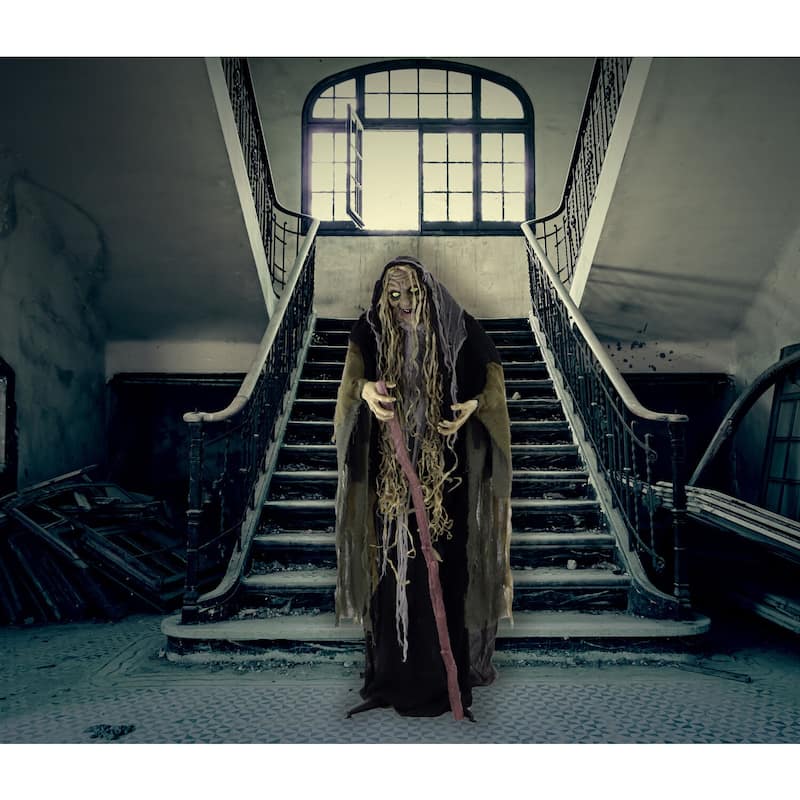 Haunted Hill Farm Life-Size Animatronic Witch, Indoor/Outdoor Halloween Decoration, Light-up White Eyes, Poseable
