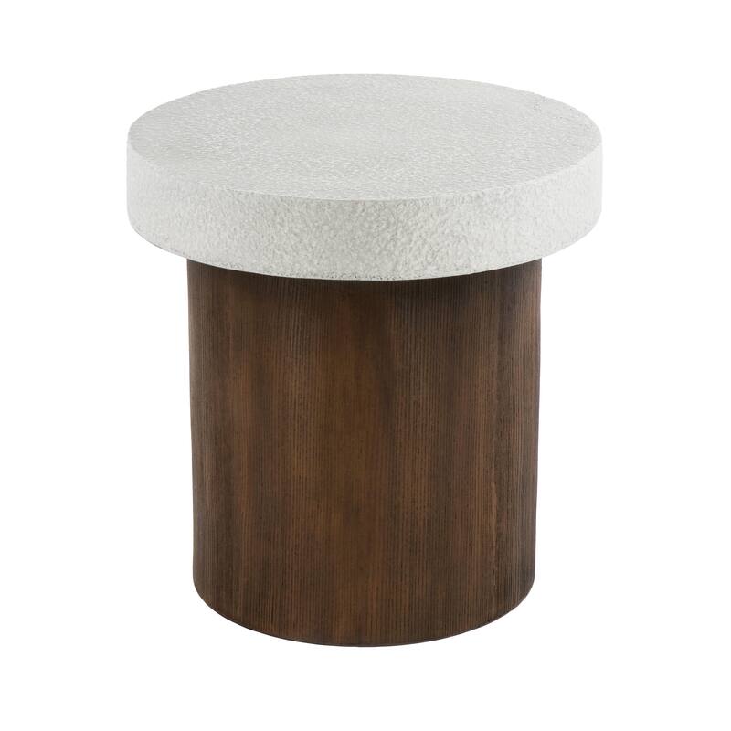 MGO Coffee Table Compact Side Table Plant Stand with Antique White Faux Stone Textured Top and Brown Faux Wood Textured Base
