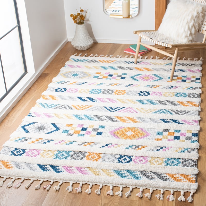 SAFAVIEH Moroccan Fringe Shag Lorean Rug - 9' x 12' - Ivory/Blue