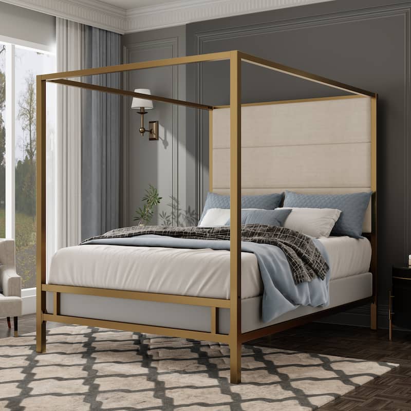 Metal 4-Poster Bed Frame Modern Canopy Upholstered Bed with Tall Upholstered Headboard