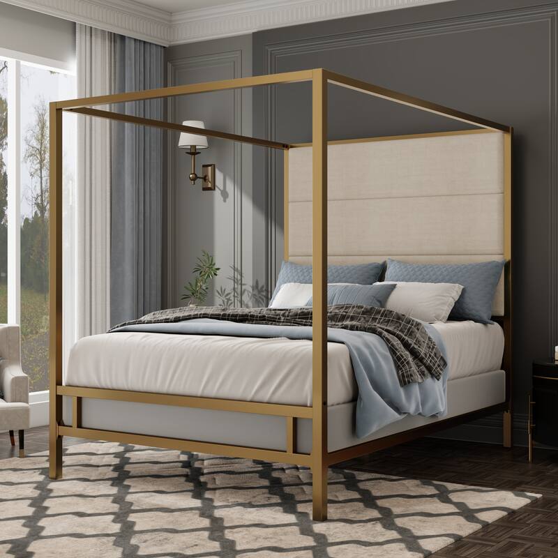 Sleek Modern Metal Canopy Bed with Tall Linen Upholstered Headboard - Gold&Tan - King