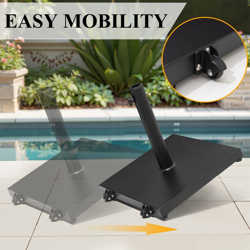 9PC Outdoor Patio Dining Set WoodLike Aluminum Umbrella Hole Table with Folding Chairs,Double Top Market Umbrella and Wheel Base