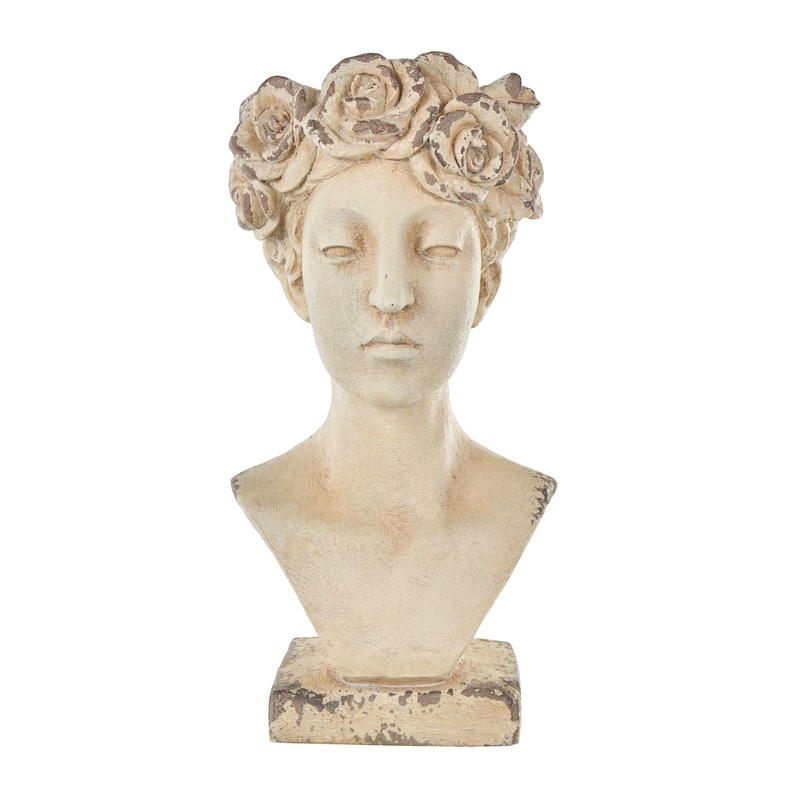 Cream Magnesium Oxide Distressed Antique Greek Bust Woman Indoor Outdoor Planter with Floral Accents