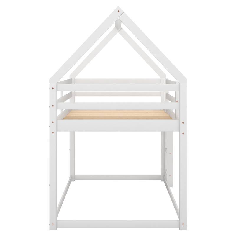 White Twin Over Twin Low Bunk Bed with House Frame and Ladder
