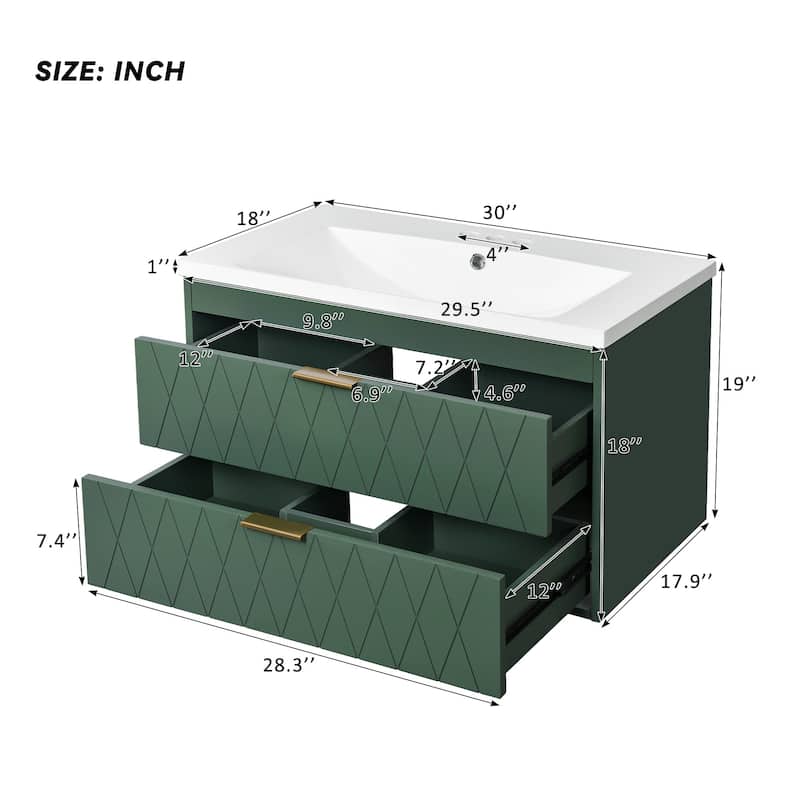 Modern 30" Wall-Mounted Bathroom Vanity with Resin Sink, Solid Wood Floating Cabinet with 2 Drawers