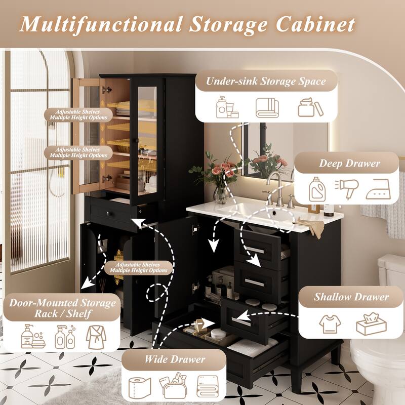 67.57" Tall Bathroom Storage Cabinet and 30" Bathroom Vanity with Sink Combo, Modern Freestanding Cabinet Set with Glass Doors