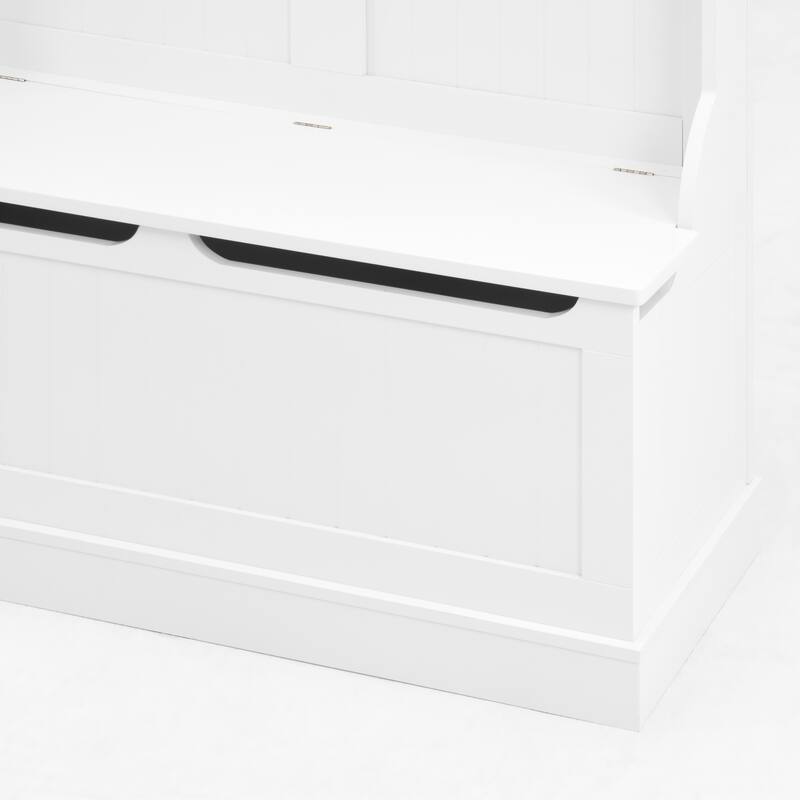 Entryway Bench with Standing Coat Rack, Hall Tree with Shoe Storage Bench, 5 Hooks, White