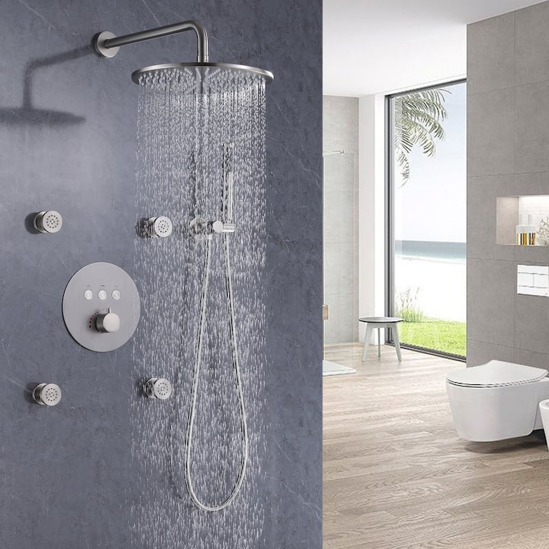 3-Way Complete 12'' Rain Shower System with 4 Body Jets and High-pressure Handheld Shower Head in Black/Nickel/Chrome, Wall