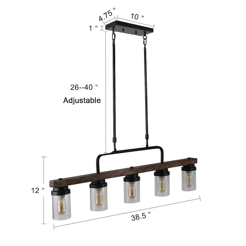Modern Farmhouse 5-Light Wood Linear Chandelier Cylinder Glass Pendant Lights for Dining Room - 38.5"L x 12"H