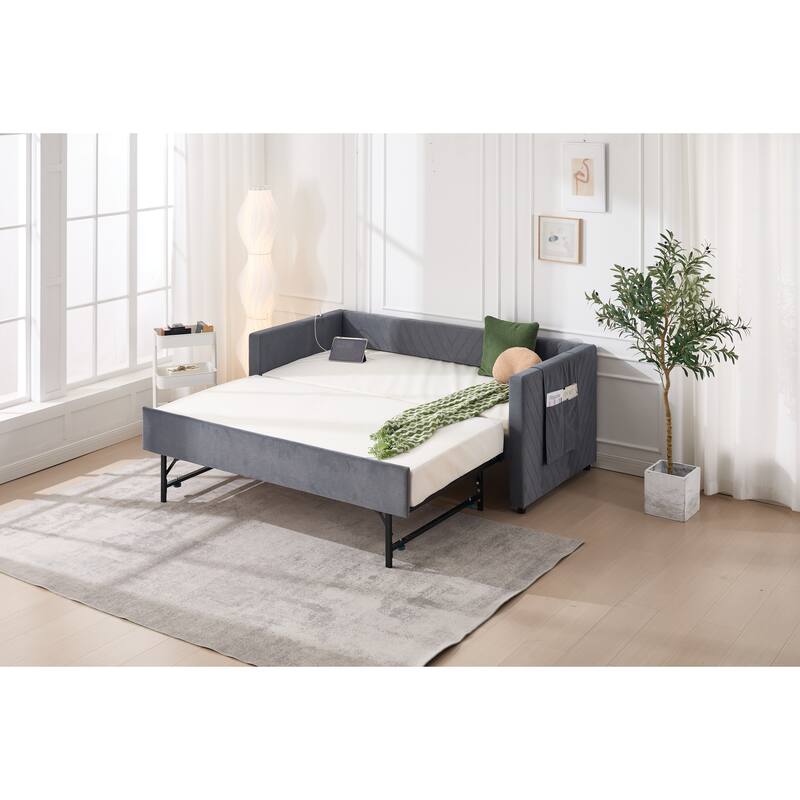 Twin Size Velvet Daybed with Trundle, USB Charging Port & Side Pockets, Modern Upholstered Sofa Bed with V-Pattern Backrest