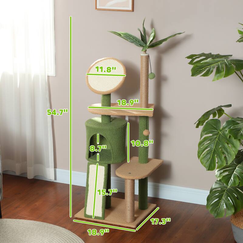 PawHut Cat Tree for Large Adult Indoor Cat with Green Leaves, 55 Inch Cat Tower with Cat Scratching Posts, Cat Condo, Green