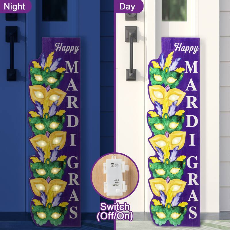 Glitzhome 41.75"H Mardi Gras Lighted Wooden Stacked Masks Porch Decor w/Timer
