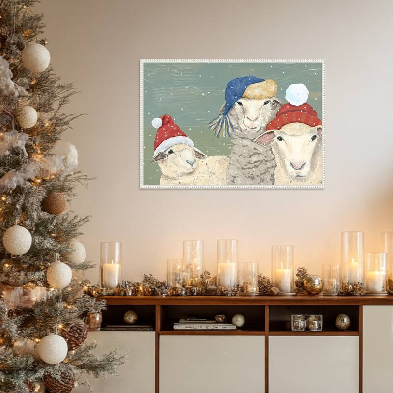 Sheep Xmas I by Jade Reynolds (33 x 23 in.), Framed Canvas Wall Art Print - Sylvie Beaded White