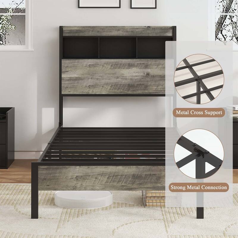 Wooden Platform Bed with Storage and 2 USBs,Large Under-Bed Storage