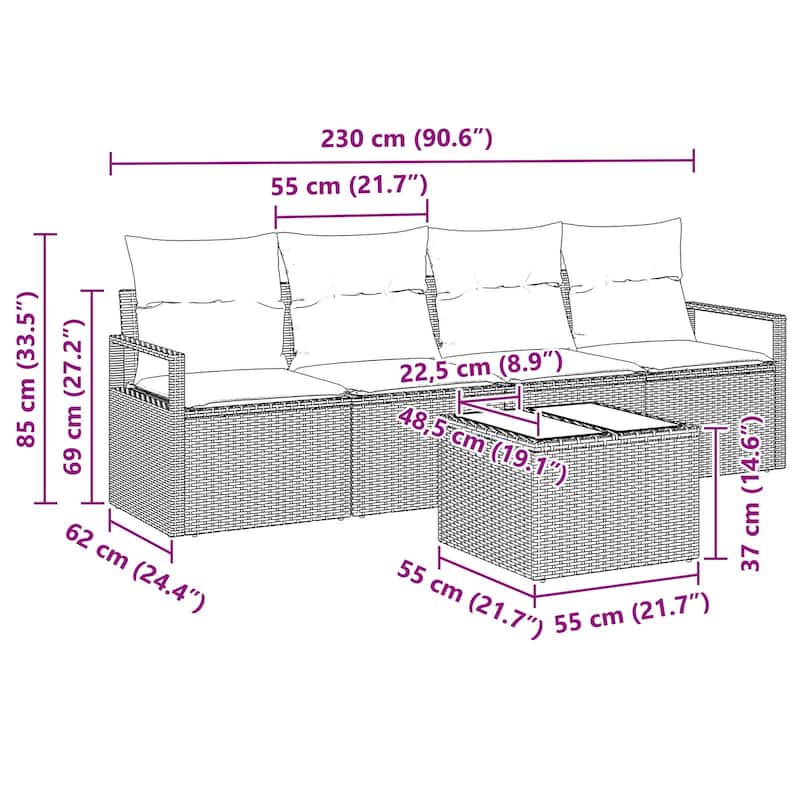 vidaXL 5 Garden Sofa Set with Cushions Black/Brown/Grey Poly Rattan - 68.9 x 24.4 x 27.2