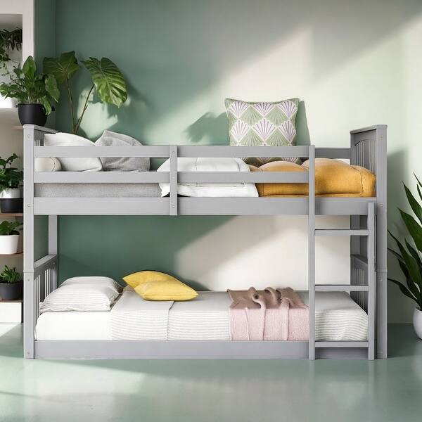 slide 2 of 14, Twin Over Twin Bunk Bed with Built-in Ladder and Guardrail, Grey Grey