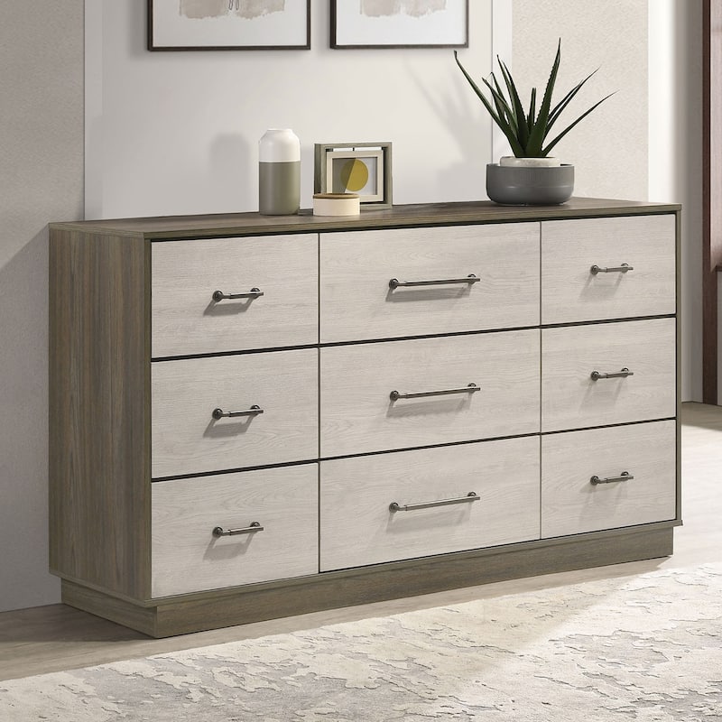9 Drawers Wooden Dresser with Floating Base in Grey Oak