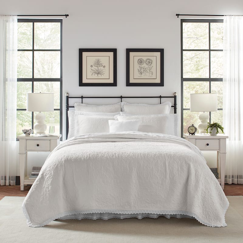 Laura Ashley Heirloom Crochet Cotton Reversible White Quilt Set