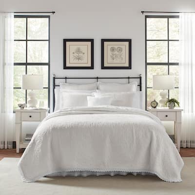 Laura Ashley Heirloom Crochet Cotton Reversible White Quilt Set