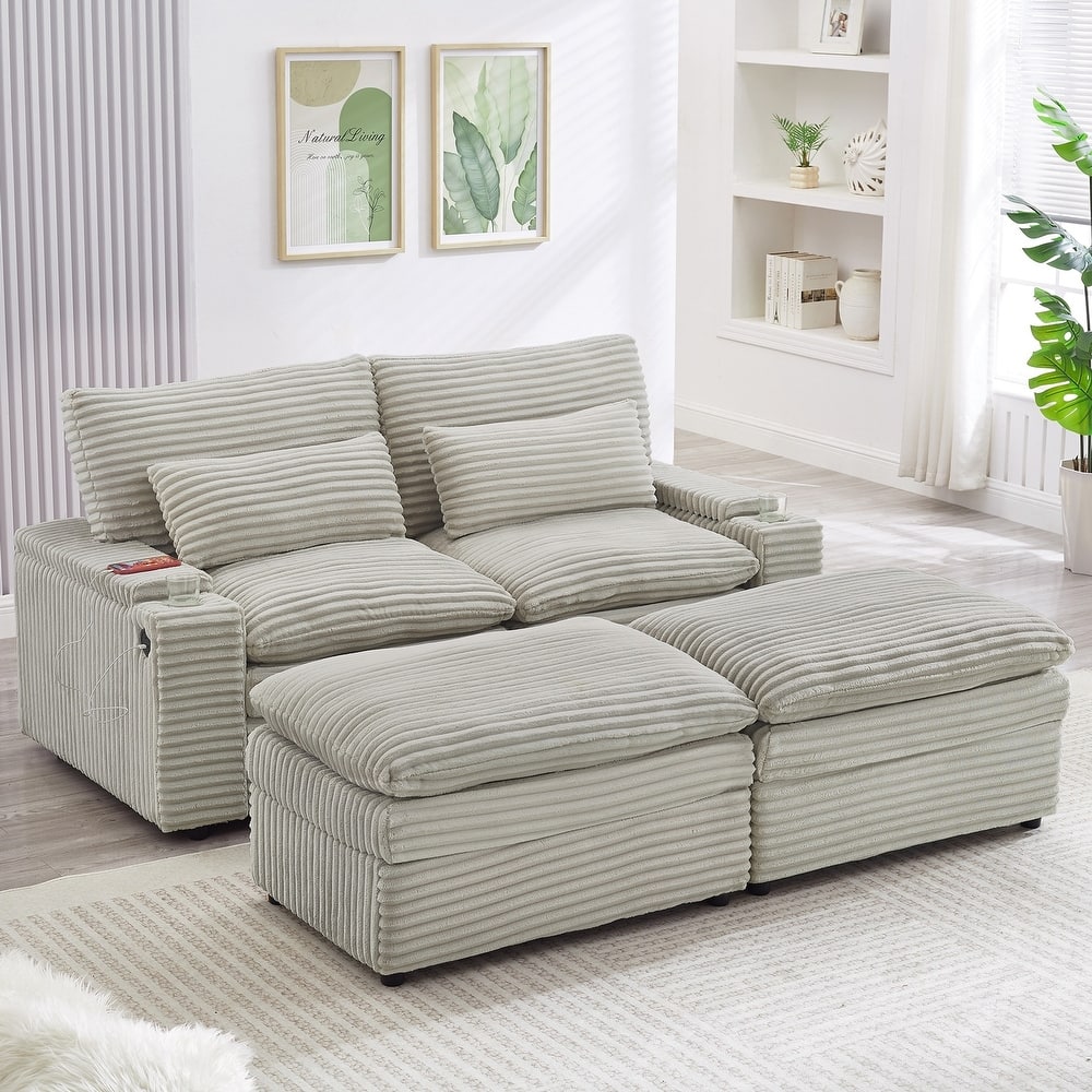 Loveseat Sofa Free-combined Sectional Convertible Sofa Bed with Storage Space, Two Movable Ottomans, Four USB Ports