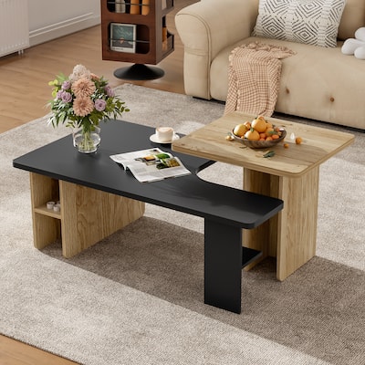 Set of 2 Nesting Coffee Tables - Farmhouse Rectangle Wood Finish Side Tables for Living Room
