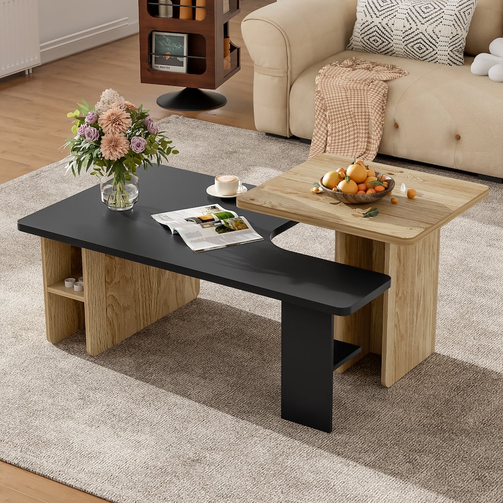 Set of 2 Nesting Coffee Tables - Farmhouse Rectangle Wood Finish Side Tables for Living Room