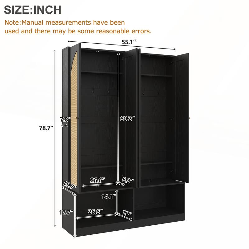 4-In-1 Farmhouse Widen Hall Tree with 4 Rattan Doors