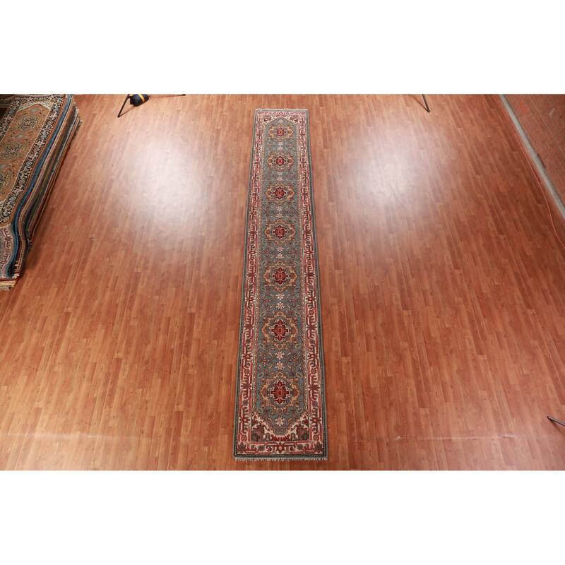 Light Blue Geometric Heriz Serapi Runner Rug Handmade Wool Carpet - 2'8"x 15'9"