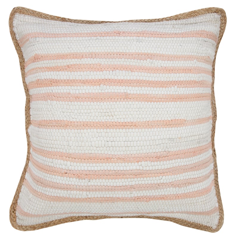 Sevita Coral Pink and White Striped Jute Bordered Throw Pillow