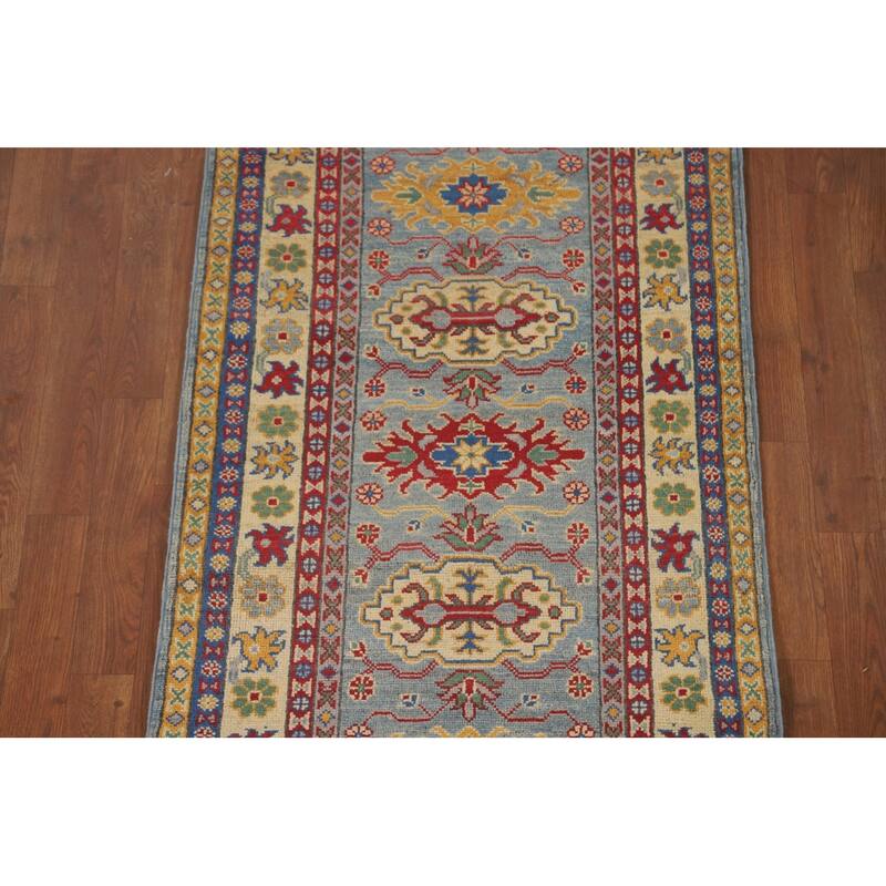 Kazak Runner Rug Light Blue Handmade Wool Carpet - 2'7" x 9'3"