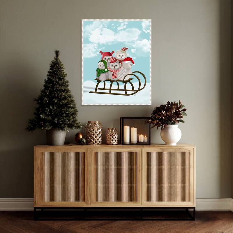 Christmas Christmas Owl Sled by Fab Funky (23 x 28 in.), Framed Canvas Wall Art Print - Sylvie Beaded White