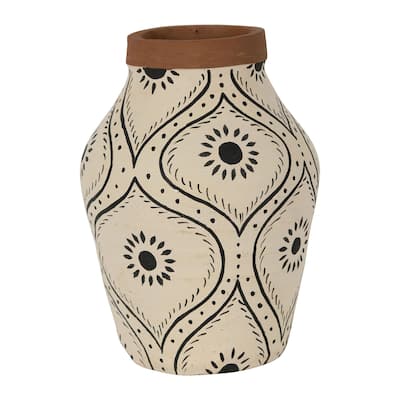 Foreside Home & Garden Natural Handthrown Terracotta Vase with Handpainted Block Pattern