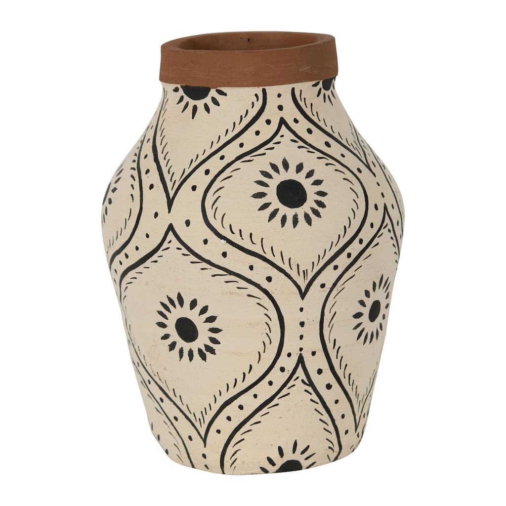 Foreside Home & Garden Natural Handthrown Terracotta Vase with Handpainted Block Pattern
