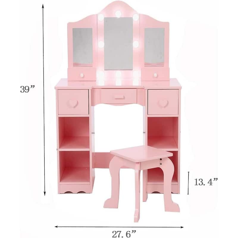 2-in-1 Princess Kids Vanity Dressing Table Set with Tri-Fold Mirror
