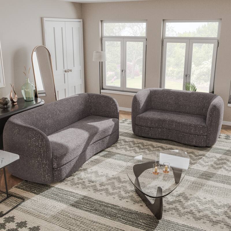 Furniture of America Ophelia Modern Curved Arms Boucle Sofa Set with Round Wooden Legs, 2-Piece or 3-Piece Options - Charcoal Grey - 2 Piece