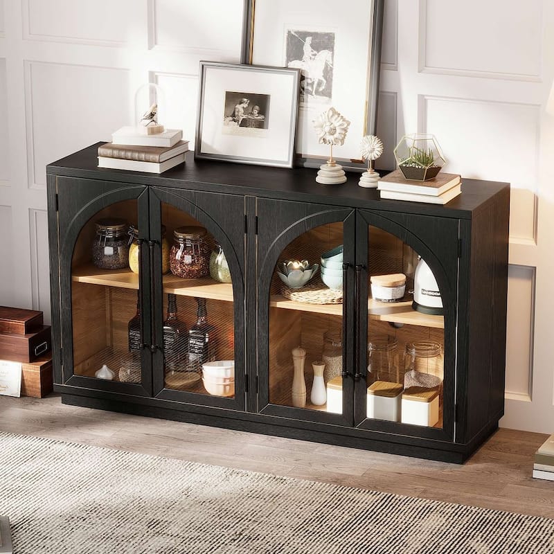 60” Farmhouse 4-Door Large Storage Vintage Sideboard with Metal Handles and Adjustable Shelves