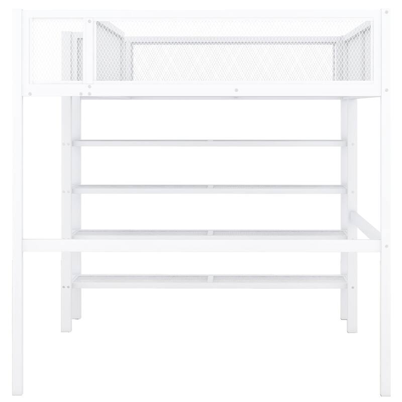 Twin/Full Metal Loft Bed with Built-in Desk, Shelves, and Storage, Modern Design