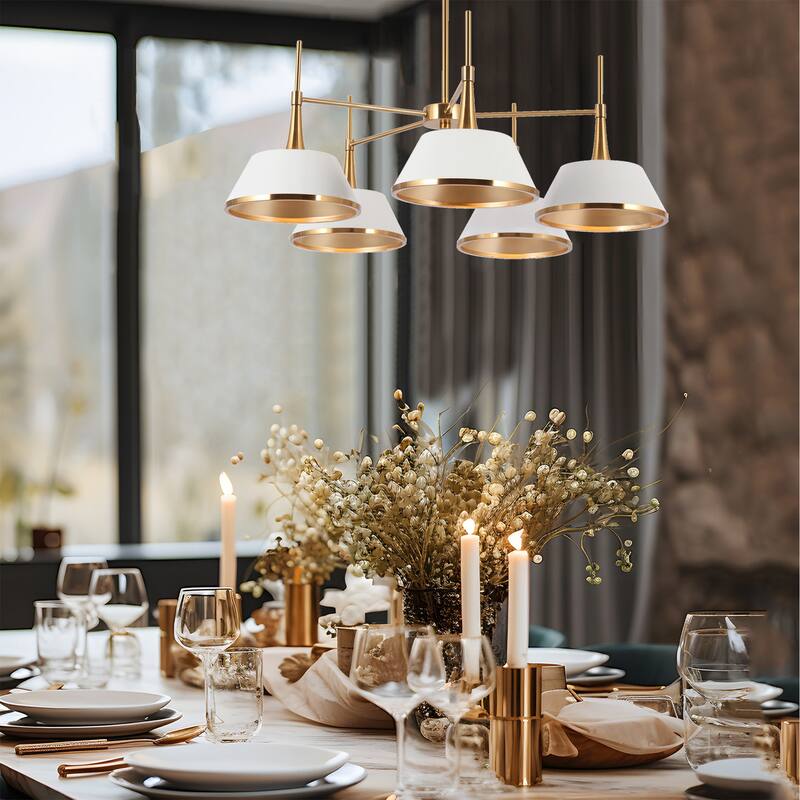 Mid-Century Modern 5-Light Wheel Chandelier with Gold White Metal Shade for Dining Living Room