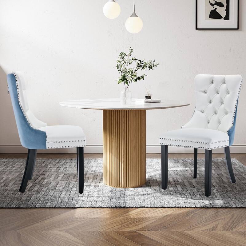 Tufted Naliheads Solid Wood Upholstered Dining Chairs (Set of 2) - WhiteBlue BlackLegs