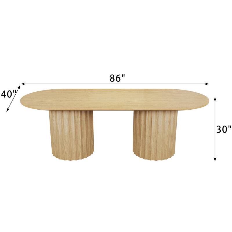 86" Modern Oval Dining Table Set with 8 Upholstered Chairs Black Textured Wood Top & Dual Cylindrical Pedestal Base