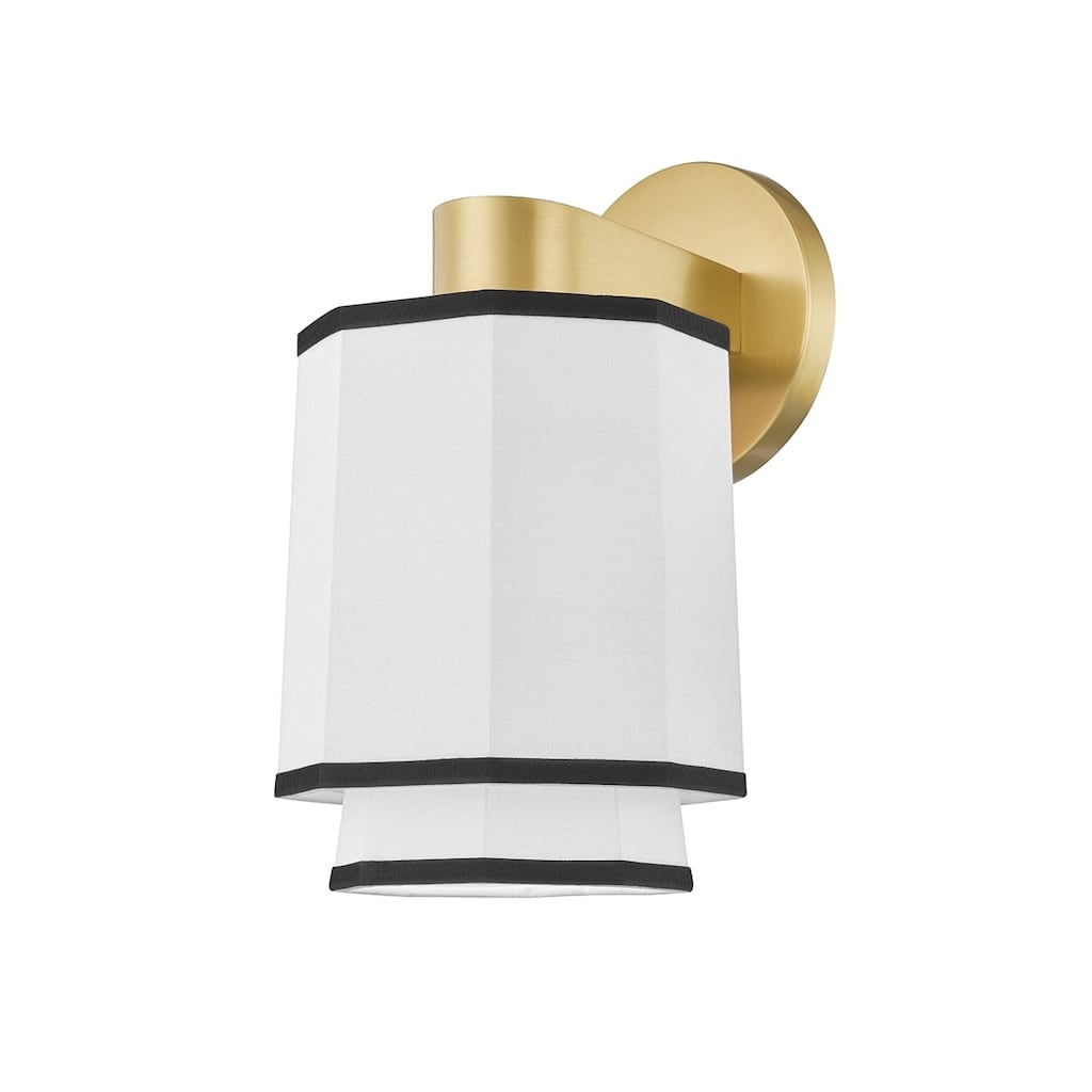 Hudson Valley Riverdale 1-Light Aged Brass Wall Sconce with White Belgian Linen Shade
