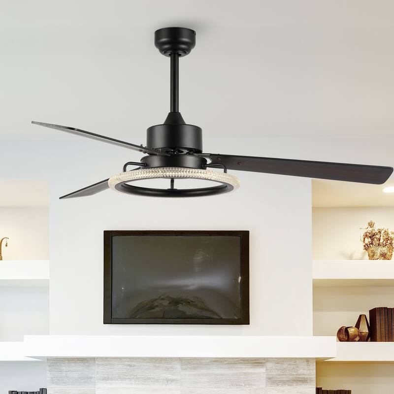 Bruno 52" 1-Light Modern Industrial Iron/Acrylic/Wood Remote-Controlled 6-Speed Integrated LED Ceiling Fan, by JONATHAN Y