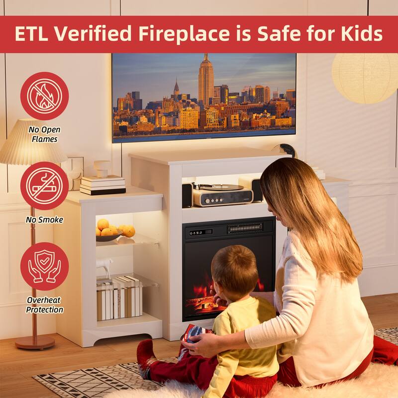 32" H TV Stand with Fireplace for TVs up to 80" - Remote Control, Energy-Efficient Heater, 16-Color Light Strip