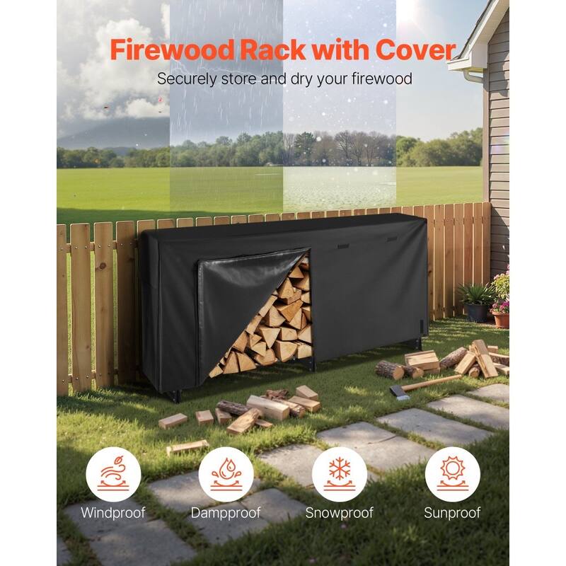 8 Feet Black Steel Firewood Storage Rack with Full-Cover Waterproof Log Protection for Patio or Backyard