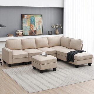 L-shaped Linen Fabric Sectional Sofa Set with Chaise Lounge ...